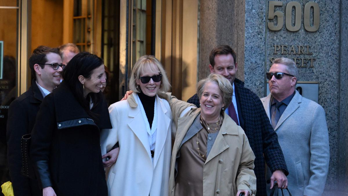 photo: E. Jean Carroll leaving the court house after winning the case. 